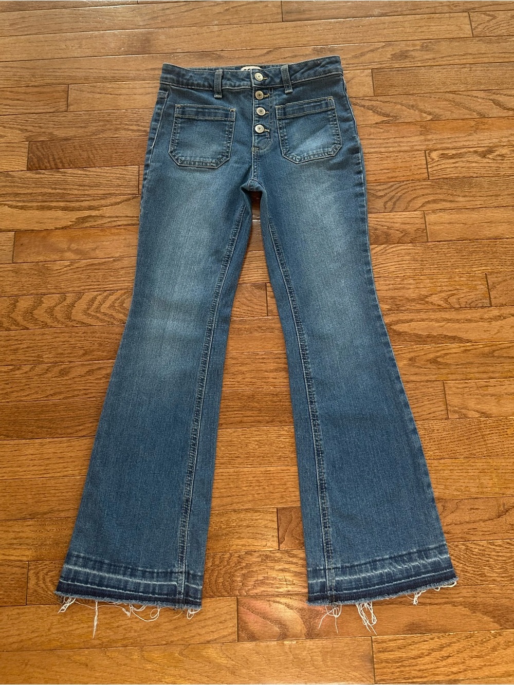 SO Girls Size 10 High Rise Flare Jeans Button Fly Patch Pockets